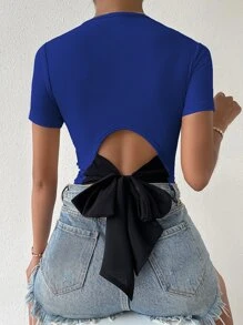 SHEIN Privé Tie Back Rib Knit Top Graphic Tees Women Tops - Royal Blue - View 1