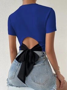 SHEIN Privé Tie Back Rib Knit Top Graphic Tees Women Tops - Royal Blue - View 4
