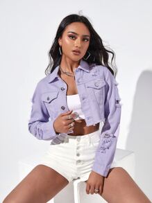 Ripped Raw Trim Button Front Crop Denim Jacket - Lilac Purple - View 1