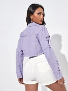 Ripped Raw Trim Button Front Crop Denim Jacket - Lilac Purple - View 2