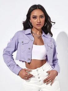 Ripped Raw Trim Button Front Crop Denim Jacket - Lilac Purple - View 3