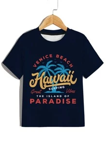 Boys 1pc Letter & Palm Tree Print Tee - Navy Blue - View 1