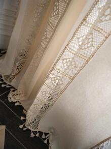 Bubaba 1 件纯色拼布遮光窗帘，波西米亚米色镂空钩针米色流苏窗帘杆口袋，适合日常、婚礼、客厅、卧室、厨房、餐厅、咖啡厅、推拉门节日装饰，四季皆宜