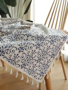 Bubaba 1pc Bohemian Style Floral Print Tablecloth, Vintage Blue & White Porcelain Pattern, Rectangular With Tassels, Suitable For Dining Room, Kitchen, Bedroom, Living Room, Party, Wedding, Restaurant, Cafe, All Seasons - Multicolor - View 6