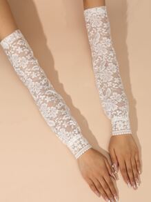 Floral Lace Arm Sleeves - White - View 1