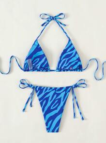 Bộ bikini sọc ngựa vằn ngẫu nhiên phía sau dây tam giác - Xanh đậm - Xem 2