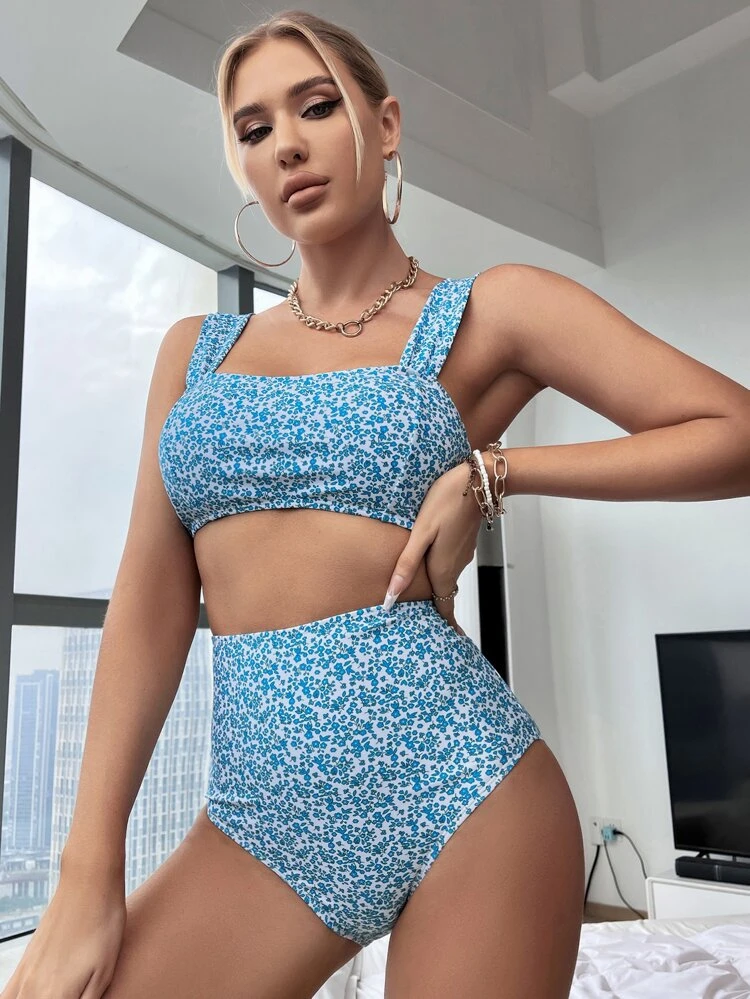 Summer Beach Ditsy Floral Bikini Set Wireless Bra Top & High Waisted Bikini Bottom 2 Pieces Bikini