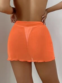SHEIN Swim Summer Beach Lettuce Trim Drawstring Cover Up Without Panty - Orange - View 2