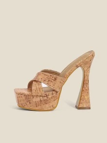 Criss Cross Platform Pyramid Heeled Mule Sandals - Apricot - View 2