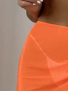 SHEIN Swim Summer Beach Lettuce Trim Drawstring Cover Up Without Panty - Orange - View 3