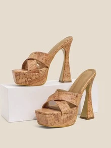 Criss Cross Platform Pyramid Heeled Mule Sandals - Apricot - View 4