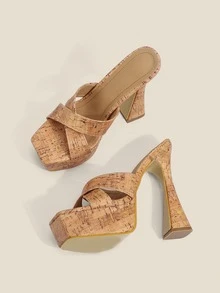 Criss Cross Platform Pyramid Heeled Mule Sandals - Apricot - View 5