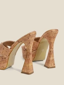 Criss Cross Platform Pyramid Heeled Mule Sandals - Apricot - View 6