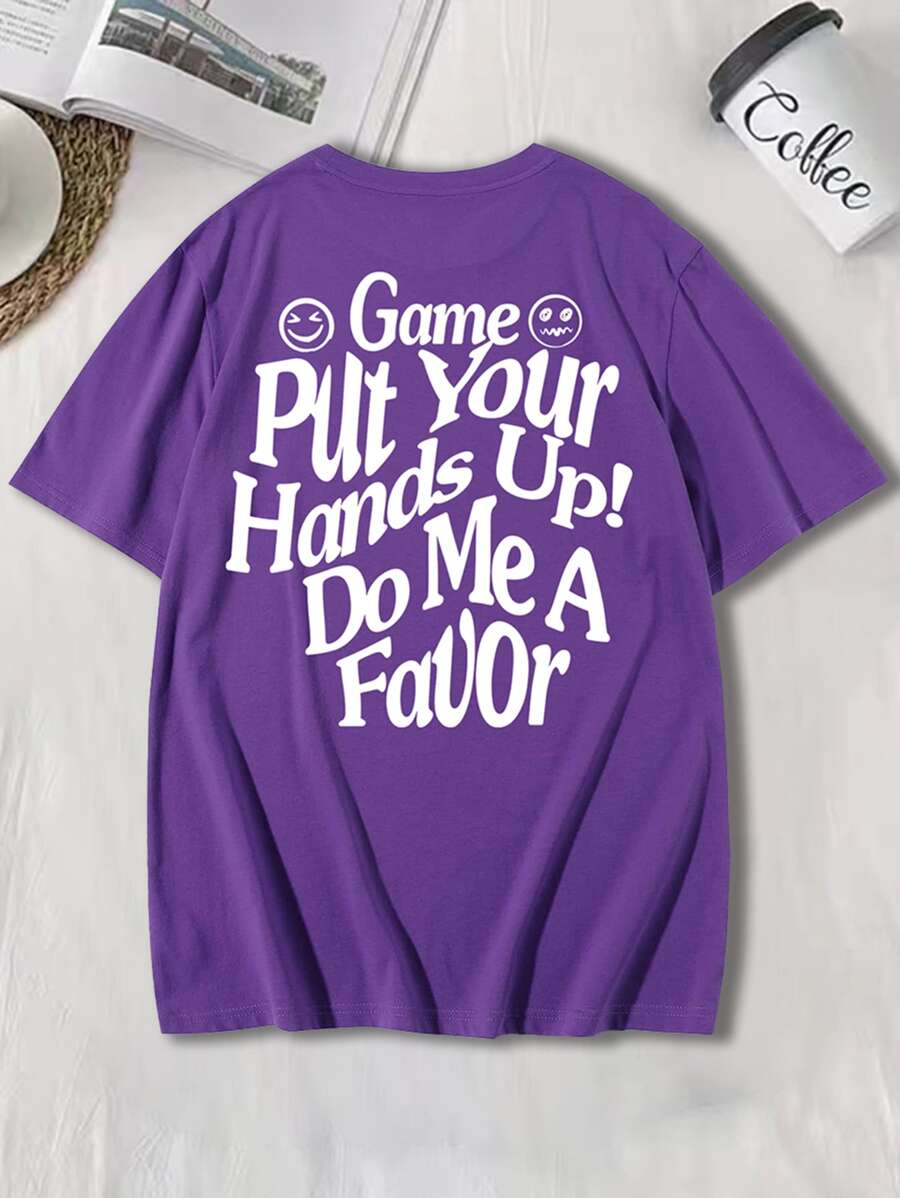 Manfinity Hombres Camiseta con estampado de slogan y dibujos animados - Morado Violeta - Ver 1