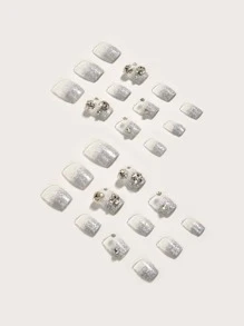 Nail Nina Mejora tu aspecto con 24 piezas de uñas postizas con diamantes de imitación 3D cuadrados largos y 1 lima de uñas y 1 hoja de cinta para uñas. - transparente - Ver 2