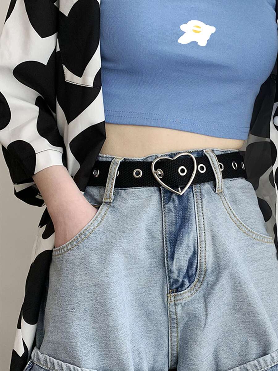 1 pieza Cinturón con hebilla en forma de corazón con decoración de ojales para mujeres, Halloween - Negro - Ver 1