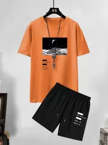 Manfinity Homme Men Letter & Picture Print Tee & Drawstring Waist Shorts - Multicolor - View 1