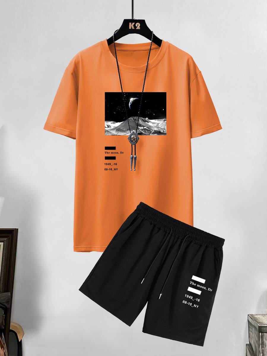 Manfinity Homme Men Letter & Picture Print Tee & Drawstring Waist Shorts - Multicolor - View 1
