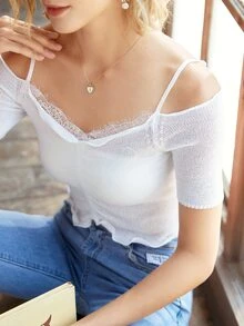 Knit Mix 夏季休闲纯色露肩荷叶边针织上衣 - 白色 - 查看 3