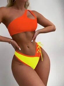 SHEIN Swim Summer Beach Color Block Asymmetrical One Shoulder Neon Bikini Bathing Suit - Multicolor - View 6