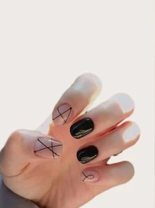 Upgrade Your Look With 24Pcs Short Square Black Plain Glossy Line Fake Nail & 1Pc Nail File & 1Sheet Tape Press On Nails Nail Supplies Nails - Black and White - View 1