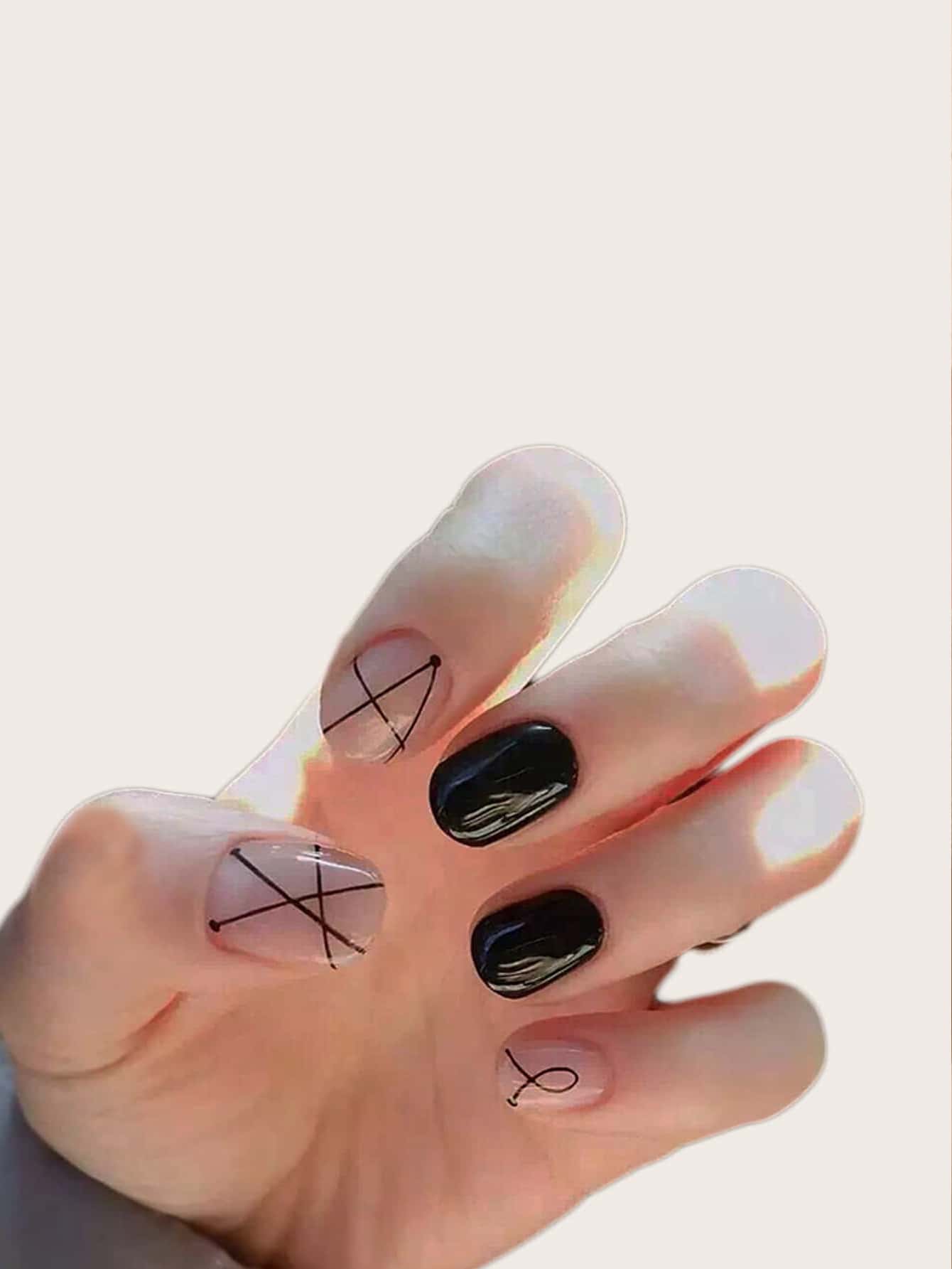 Upgrade Your Look With 24Pcs Short Square Black Plain Glossy Line Fake Nail & 1Pc Nail File & 1Sheet Tape Press On Nails Nail Supplies Nails - Black and White - View 1