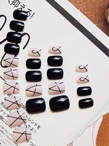 Upgrade Your Look With 24Pcs Short Square Black Plain Glossy Line Fake Nail & 1Pc Nail File & 1Sheet Tape Press On Nails Nail Supplies Nails - Black and White - View 2