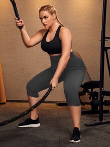 Plus Lightweight High Stretch Capris Sports Leggings - Grey - View 5