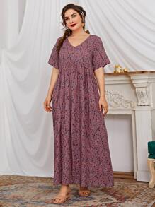 Mulvari Plus Floral Print V Neck Dress - Dusty Pink - View 3