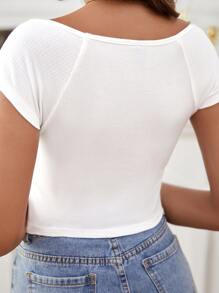 SHEIN Privé 方領羅紋針織合身T恤 - 白色 - 查看 6