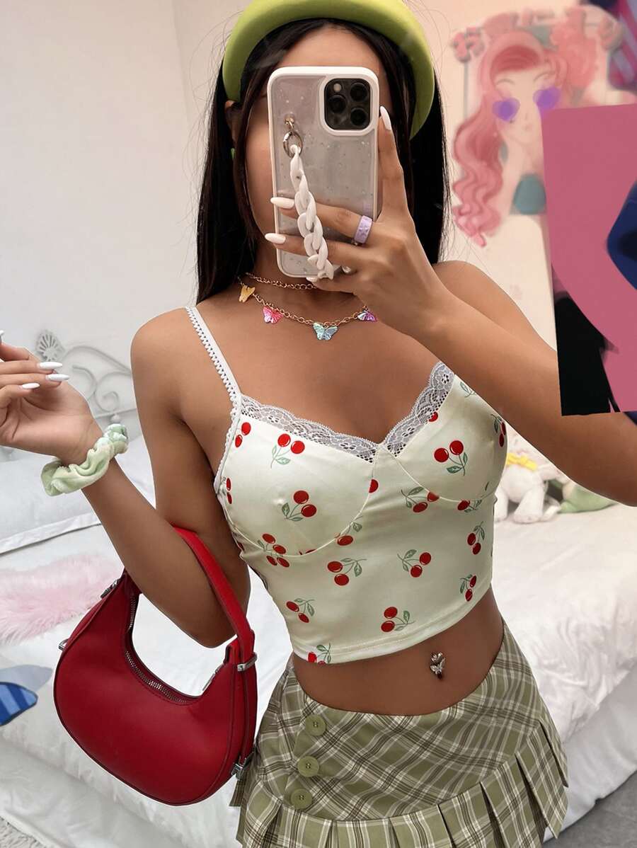 Áo hai dây Tương phản ren Rau quả Giải trí - trắng - Xem 1