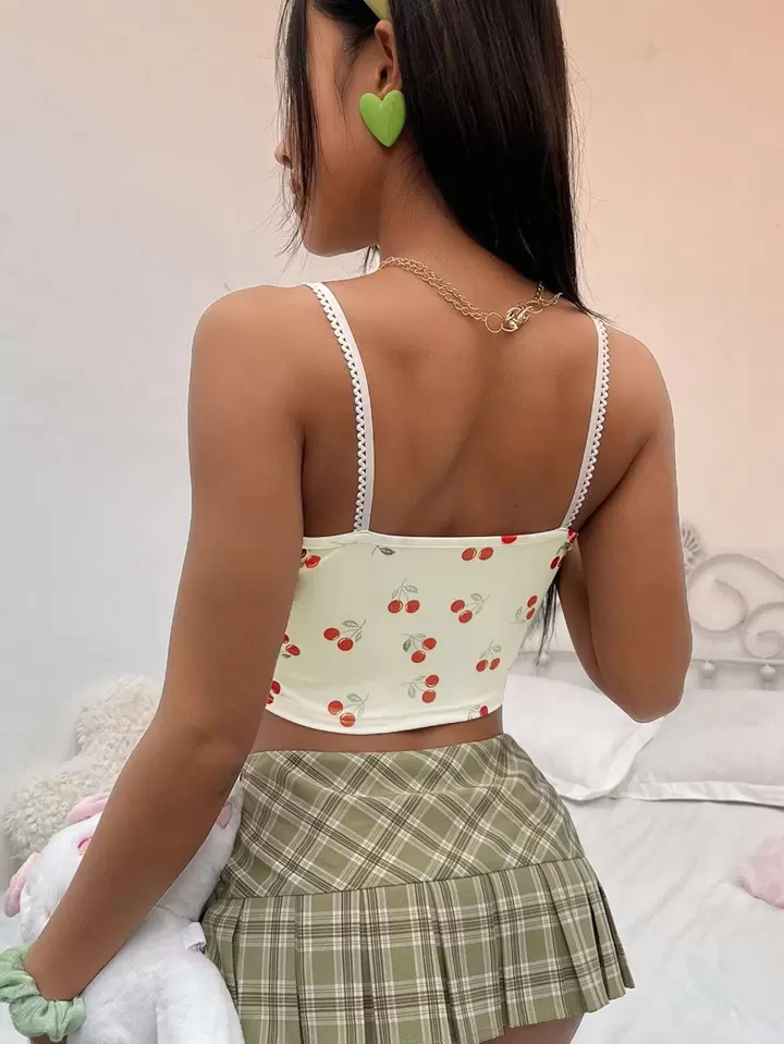 Our Cherry Print Lace Trim Cami Top is such a vibe - ROMWE