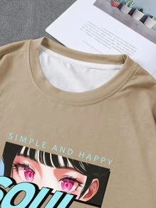 Manfinity EMRG Hombres Camiseta con estampado de letra japonesa y figura - Caqui - Ver 4