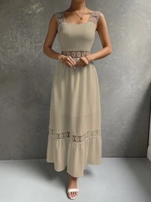 SHEIN Holidaya Đầm Tương phản ren Viên lá sen Dây kéo màu trơn Boho - Màu be - Xem 4