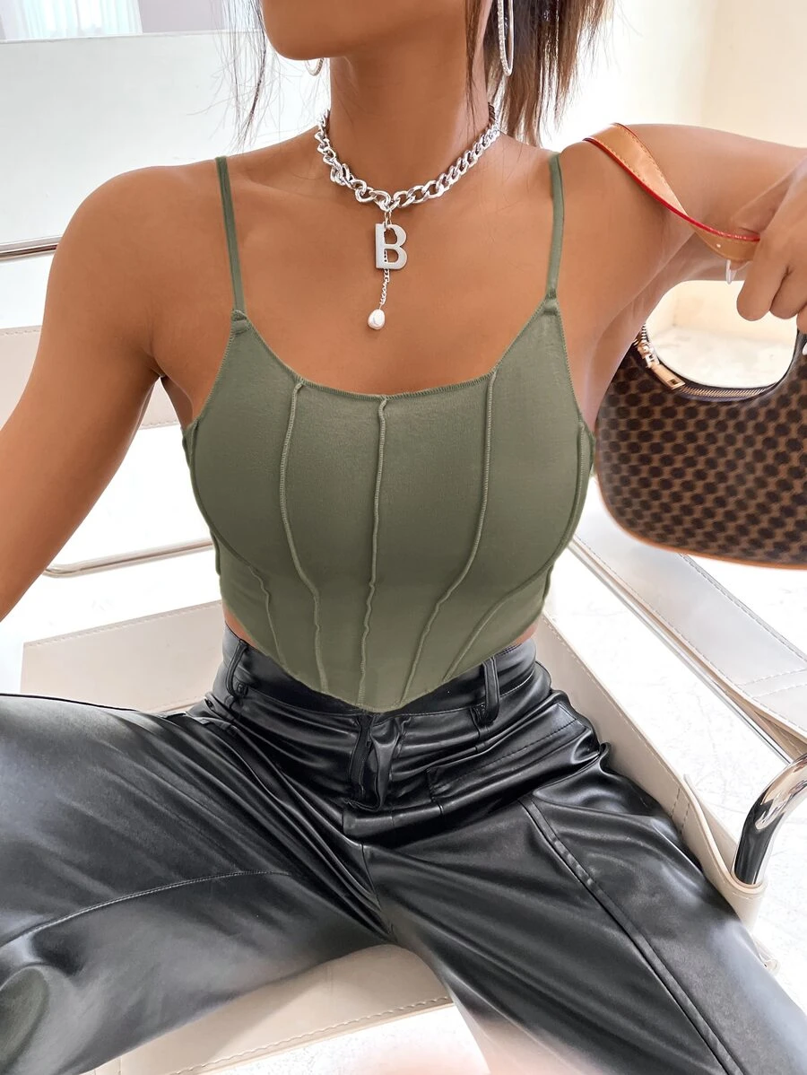 GENKIRA Solid Asymmetrical Hem Cami Top - Army Green - View 1