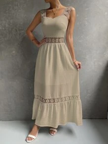 SHEIN Holidaya Đầm Tương phản ren Viên lá sen Dây kéo màu trơn Boho - Màu be - Xem 5