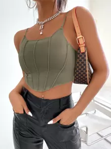 GENKIRA Solid Asymmetrical Hem Cami Top - Army Green - View 5