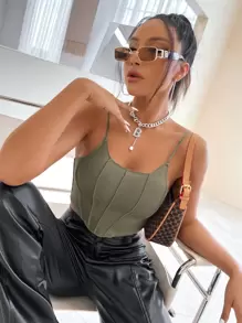 GENKIRA Solid Asymmetrical Hem Cami Top - Army Green - View 6