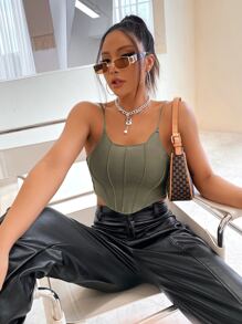 GENKIRA Solid Asymmetrical Hem Cami Top - Army Green - View 7