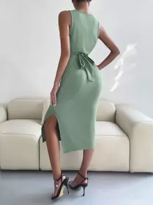 Crossover Knot Back Split Thigh Dress - Green - View 2