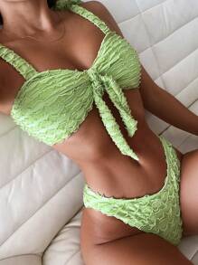 生菜边饰前结比基尼套装，适合夏季海滩度假 - 青檸色 - 查看 1