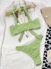 生菜边饰前结比基尼套装，适合夏季海滩度假 - 青檸色 - 查看 2