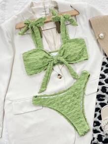 生菜边饰前结比基尼套装，适合夏季海滩度假 - 青檸色 - 查看 3