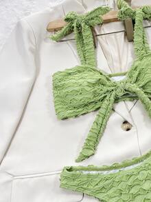 生菜边饰前结比基尼套装，适合夏季海滩度假 - 青檸色 - 查看 4