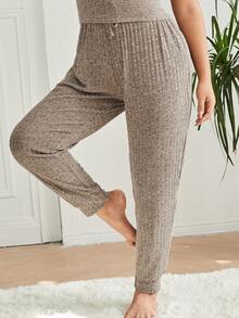 Quần Ngủ Kích Thước Lớn Gân đan màu trơn Giải trí - Màu Khaki - Xem 4