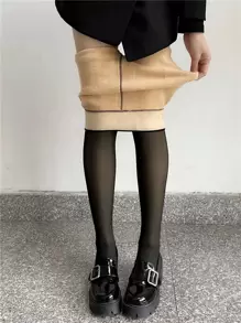 極簡風格加絨內裏褲襪 - 黑色 - 查看 1