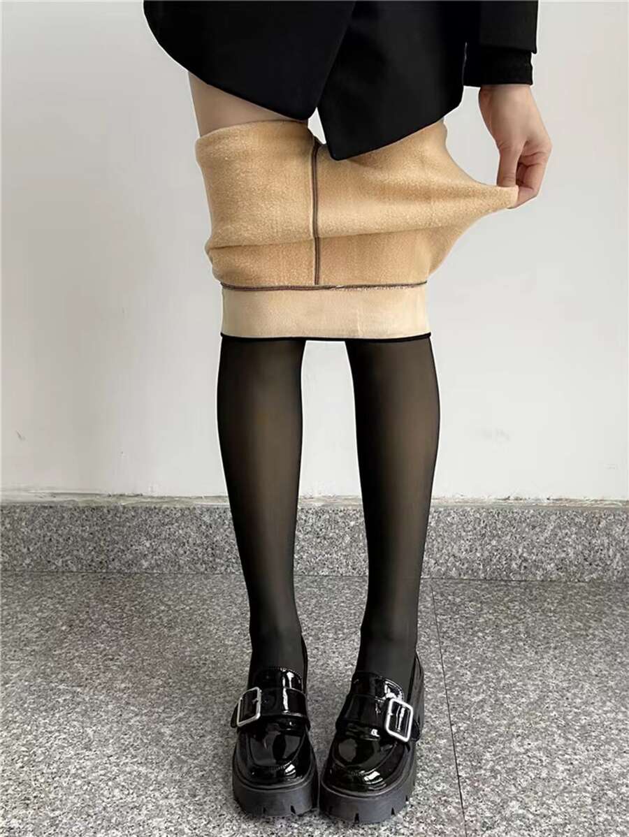 極簡風格加絨內裏褲襪 - 黑色 - 查看 1