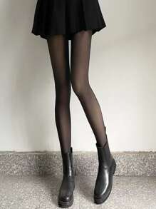 極簡風格加絨內裏褲襪 - 黑色 - 查看 2