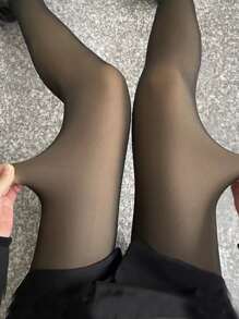 極簡風格加絨內裏褲襪 - 黑色 - 查看 4