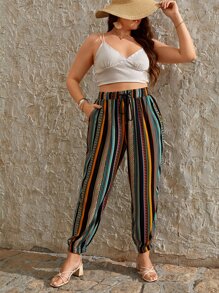 SHEIN VCAY Plus Vertical Striped & Geo Print Drawstring Waist Trousers - Multicolor - View 1